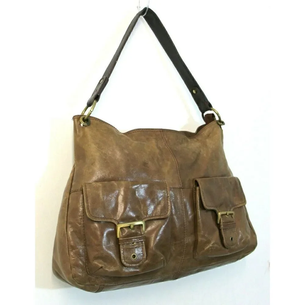 ROOMY Nino Bossi TAN BROWN GENUINE LEATHER ZIP TOP SHOULDER BAG HANDBAG PURSE